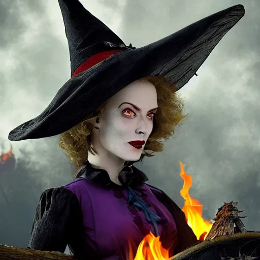 Prompt: incredibly pretty wicked witch with a devilish grin on a pyre. the flames flee from the witch. highly detailed. 4 k.