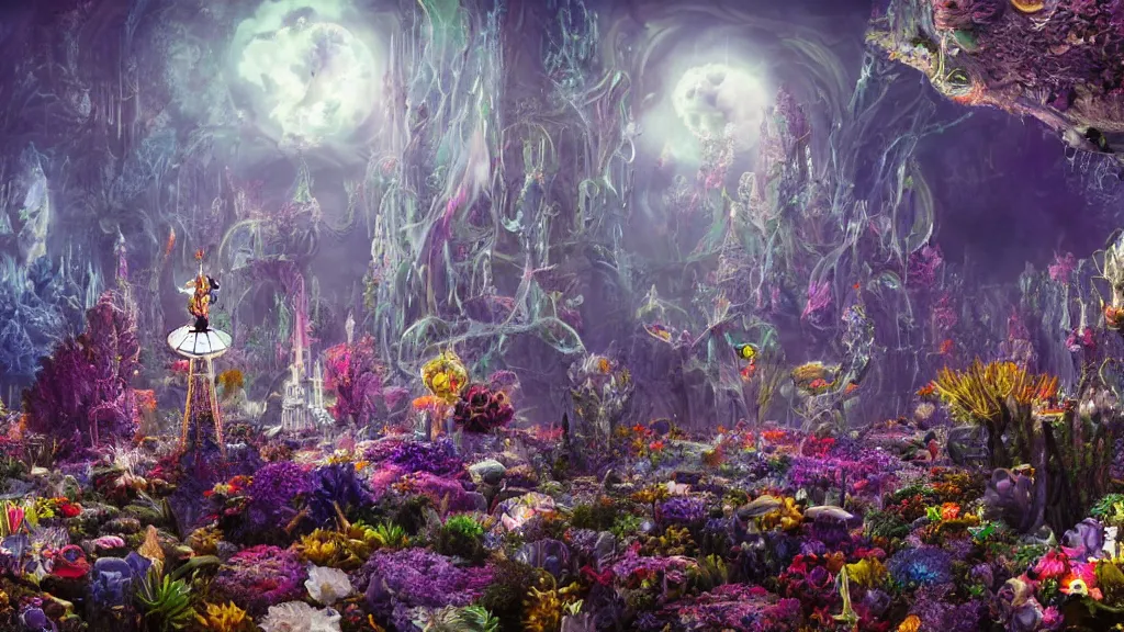 Image similar to a centered render of intricate modular synthesizer of alice in wonderland, shining its light across a tumultuous sea of flowers, undersea animals and gothic crystal church by dorothea tanning and salvador dali, trending on artstation, cyber punk, high contrast, unreal engine, high detailed, 8 k