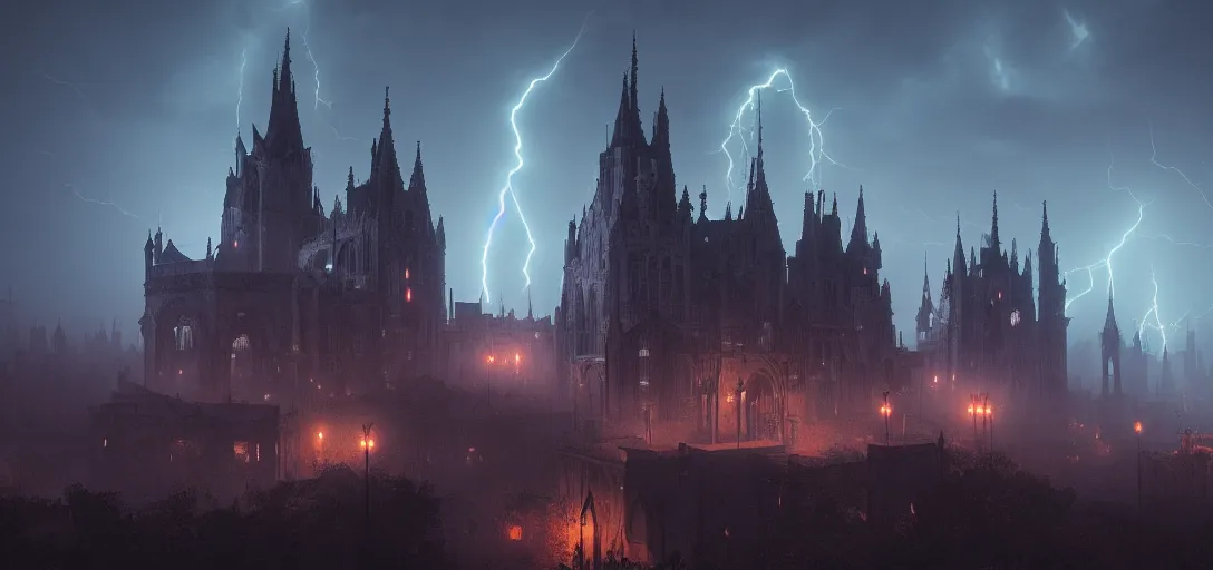 Image similar to view of an abandoned gothic city at night, lightning, glowing fog, castles, cinematic lighting, ultra detailed, sharp, ambient occlusion, raytracing, by greg rutowski, paul chadeisson and jessica rossier