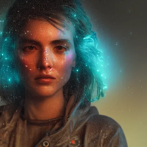 Image similar to human portrait sculpted out of rain, beautiful, neon, epic detail, galactic background, rendered in octane, unreal engine, realistic