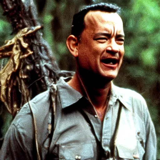 Image similar to tom hanks in the move forest gump replaced by a monster from the movie predator, still movie shot