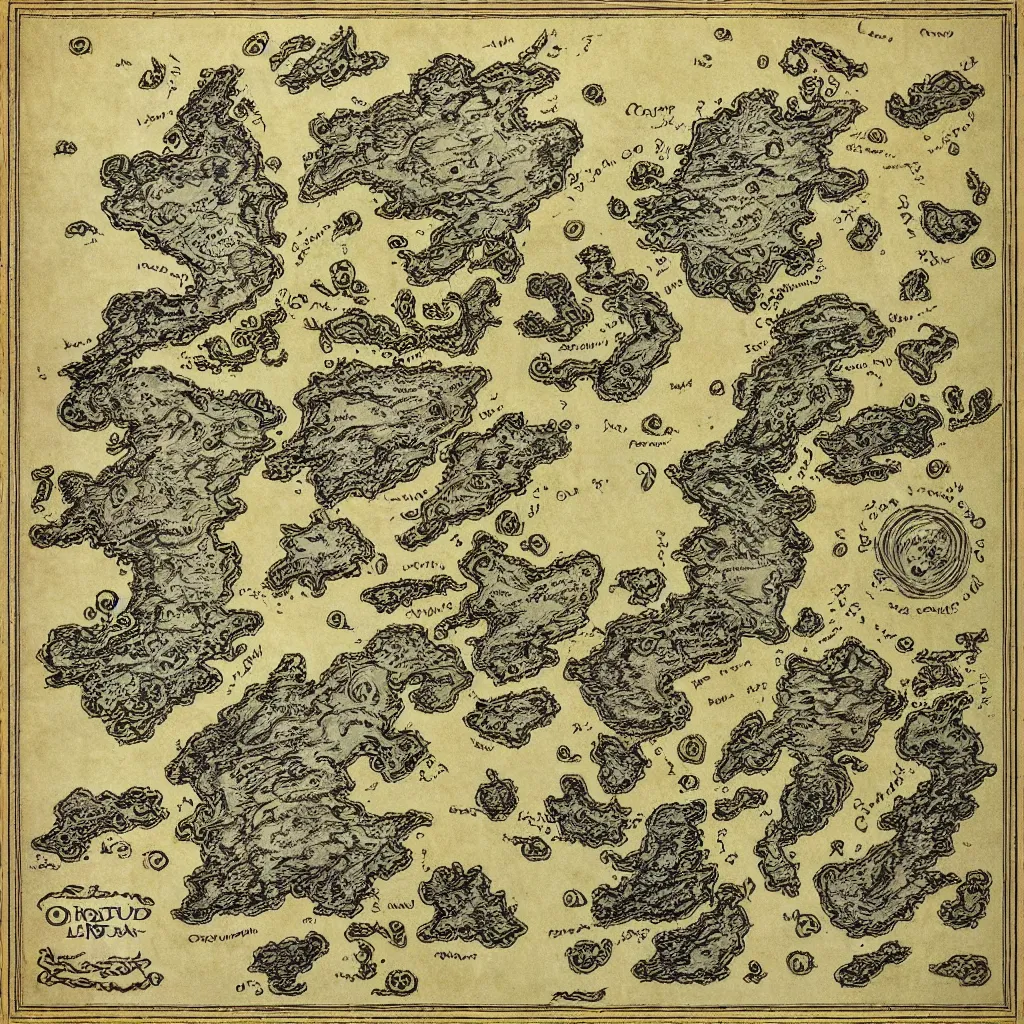 Prompt: fantasy map of an ancient land of Odrua in the Fantasy world of Lute, showing continents archipelagos cities mountains deserts rivers coastlines kingdoms by JRR Tolkien by Brian Froud and Yoshida Hiroshi