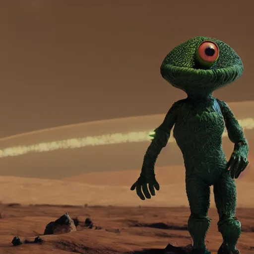 Image similar to 1 9 7 6 synthetic plastic, shiny monsters with large eyes, standing on a martian landscape, cinematic movie scene, inspired by the movie the fifth element and'fraggle rock ', hyperrealistic, fine details, octane render