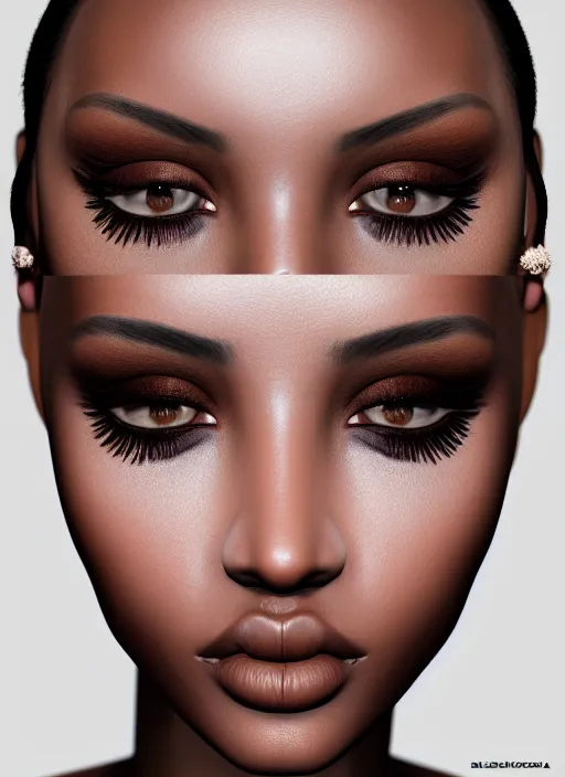 Image similar to beautiful female, pigment, attractive facial features, brown skin, haze, model, intricate, symmetrical face, makeup, sephora, maybelline, studio, reflections, cinematic, filmic, vsco, concept art, artstation, elegant, model, gorgeous, vray, flim, octane render, ambient occlusion, prism details