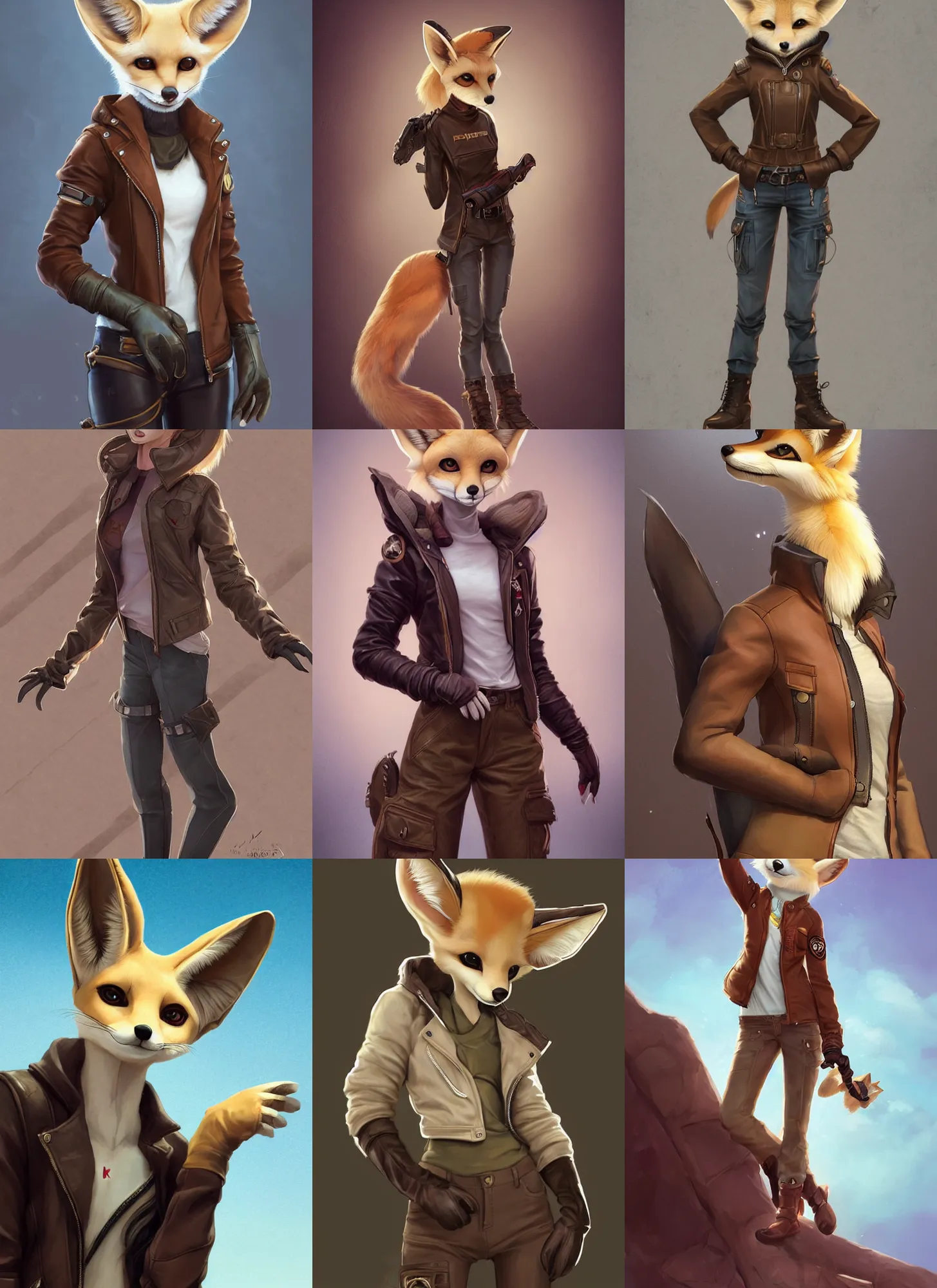 Prompt: beautiful portrait of a female anthropomorphic fennec fox fursona wearing a leather jacket. leather gloves. leather boots. cargo pants. character design by charlie bowater, ross tran, artgerm, and makoto shinkai, detailed, soft lighting, rendered in octane