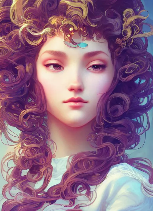 Prompt: beautiful girl with long curly, cute, intricate, highly detailed, digital painting, trending on artstation, concept art, smooth, sharp focus, backlit, rim light, vivid colors, illustration, unreal engine 5, 8 k, art by rossdraws and alphonse mucha