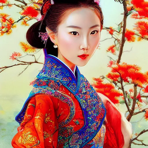 Prompt: A masterpiece portrait of a Incredibly beautiful Chinese girl in national luxurious clothes . Very colorful. Chinese lantern on background. medium shot, intricate, elegant, highly detailed. trending on artstation, digital art, by Stanley Artgerm Lau, WLOP, Rossdraws, James Jean, Andrei Riabovitchev, Marc Simonetti, Yoshitaka Amano