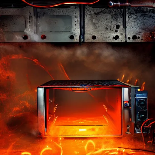 Image similar to overcharging toaster oven, tangles of metallic cables, dark messy smoke - filled cluttered workshop, dark, dramatic lighting, orange tint, sparks, plasma charges, cinematic, highly detailed, sci - fi, futuristic, movie still