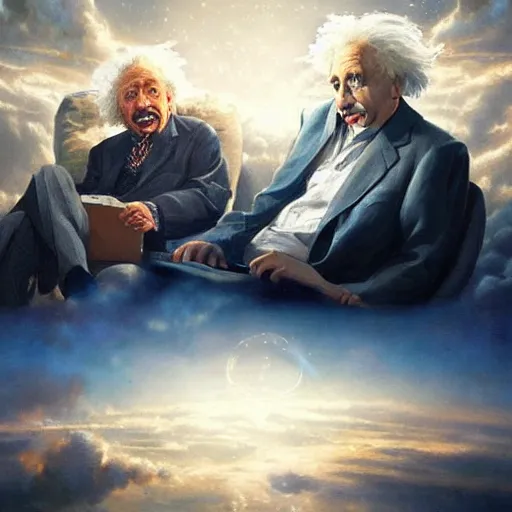 Image similar to einstein and stephen hawking sitting on a pearly couch in heaven, having deep discussions, thoughtful, angels, clouds, very bright lights, pillars, by greg rutkowski, trending on artstation