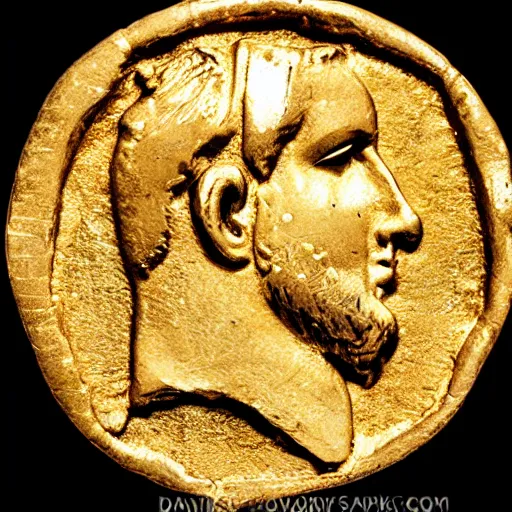 Prompt: an ancient roman gold coin with the face of the singer drake, close up photo, ultra realistic, studio photo, bokeh.