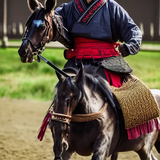 Prompt: Samurai riding a horse, XF IQ4, f/1.4, ISO 200, 1/160s, 8K, RAW, unedited, symmetrical balance, in-frame