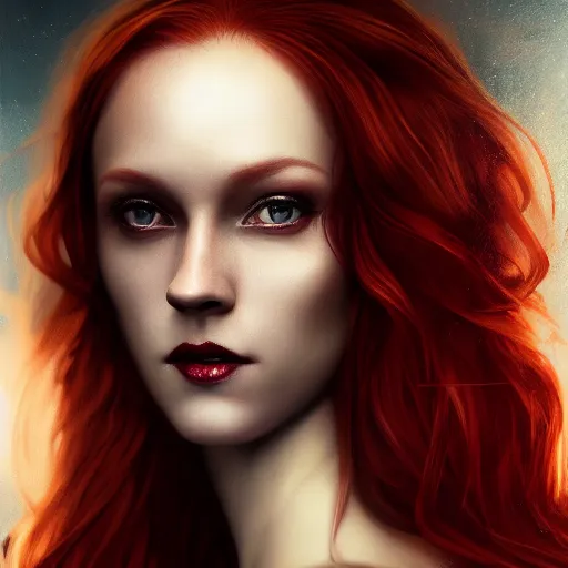Image similar to majestic gracious regal aristocratic female red haired vampire portrait, atmospheric lighting, painted, seductive, menacing, intricate, volumetric lighting, beautiful, rich deep colours masterpiece, golden hour, sharp focus, ultra detailed, by leesha hannigan, ross tran, thierry doizon, kai carpenter, ignacio fernandez rios