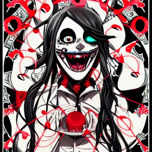 Image similar to portrait of a anime manga happy smiley Joker girl skull face detailed highres 4k by Trevor Brown pop art nouveau