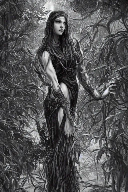 Prompt: plant fairy | digital painting | highly detailed | ultra realistic | dark fantasy | vivid colors | cinematic atmosphere | hyper detailed | black and white | strong lines