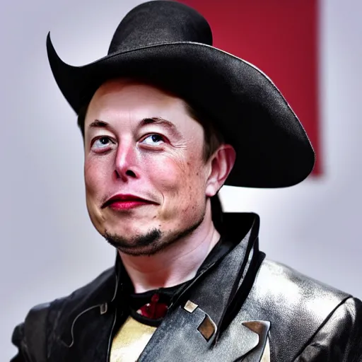 Image similar to photo of elon musk as a musketeer, he has a big black hat with a red feather, he is holding a shiny rapier sword and he is looking straight to the camera