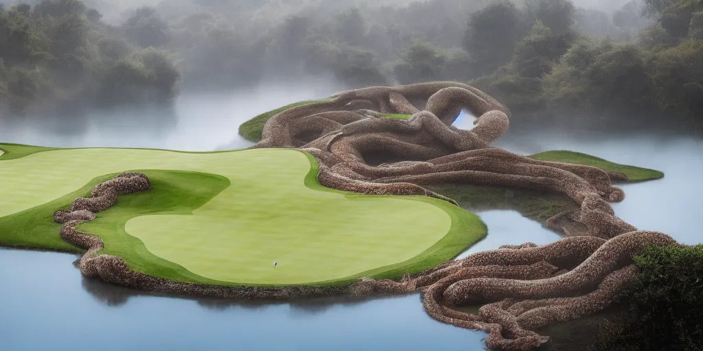 Image similar to a great photograph of the most amazing golf hole in the world, surrounded by water, giant octopus, ambient light, golf digest, top 1 0 0, fog