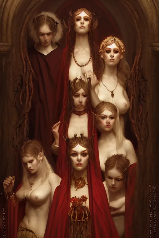 Image similar to a horrific demonic portrait of Satan and his concubines, white eyes, bored, illustration, soft lighting, soft details, painting oil on canvas by Edmund Blair Leighton and Charlie Bowater octane render, HDR, trending on artstation, 4k, 8k, HD