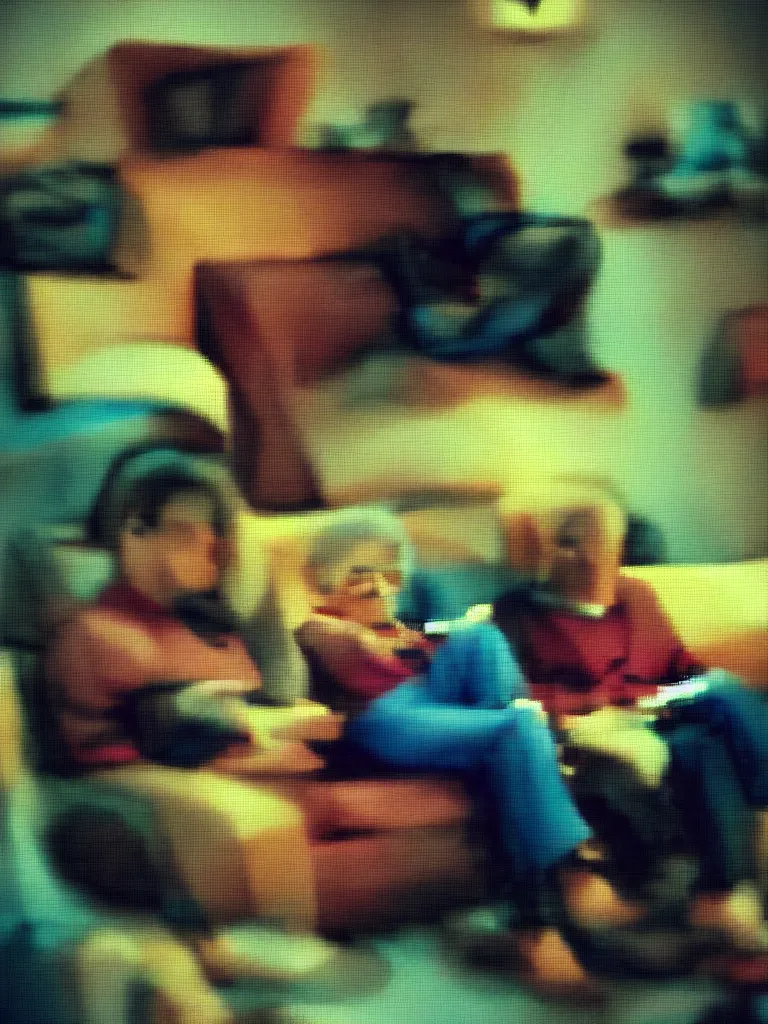 Prompt: corrupted pixelated glitch photo of a very old couple sitting on a couch, psx game graphics , part by Adrian Ghenie