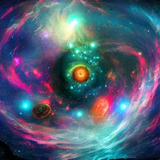 Prompt: The beginning of the universe, space photography, singularity exploding into galaxies, high energy, intricate details, deviantart, digital painting, concept art