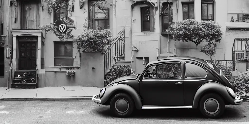 Prompt: A photo of a VW Beetle parked on the street in Brooklyn NY in front of a brownstone, taken with a Pentax K1000, lens flare