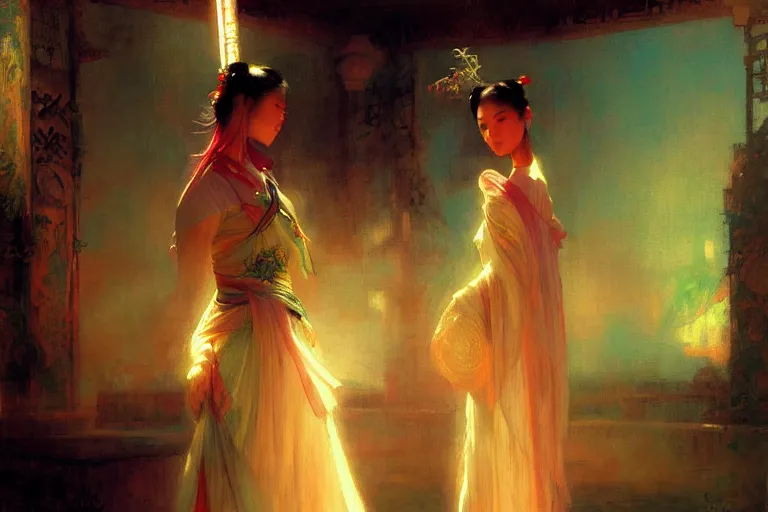 Image similar to wuxia, summer, neon light, painting by gaston bussiere, craig mullins, j. c. leyendecker