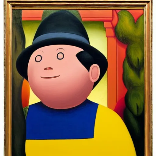 Prompt: a painting of curious george and the man in the yellow hat, fernando botero