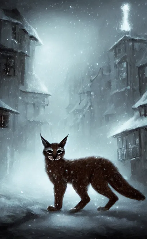 Prompt: cute fluffy caracal, a blurry ambient lantern in the distance of a snowy village at night, dynamic lighting, ambient lighting, atmospherical, photorealistic fantasy concept art, trending on art station, stunning visuals, creative, cinematic, ultra detailed