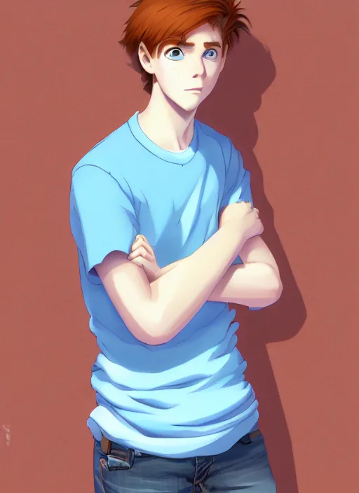 Image similar to portrait of a teen boy with completely straight auburn hair, light blue eyes, pale skin, freckles, sad expression, t - shirt, modern casual clothing, natural lighting, path traced, highly detailed, high quality, cartoon, digital painting, by don bluth and ross tran and studio ghibli