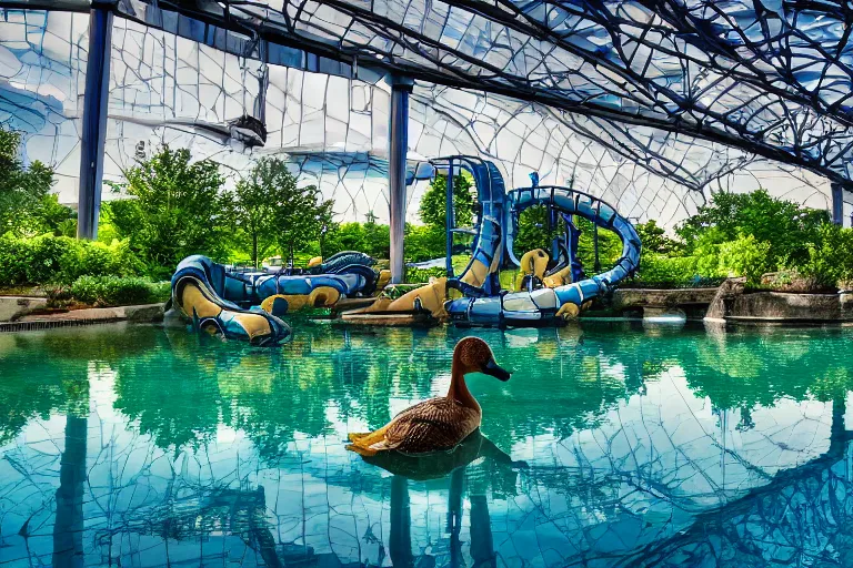 Image similar to photo of a big duck in the waterpark in a beatiful reflective pool, intricate, 8k highly professionally, detailed, HDR, CGsociety