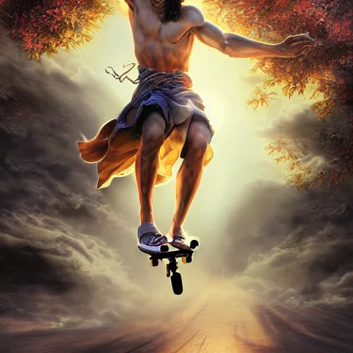 Image similar to UHD photorealistic studio portrait of a Jesus skateboarding , extremely detailed, 8k, cinematic lighting, in the style of Amano and Ayami Kojima, with vivid colors and rich composition