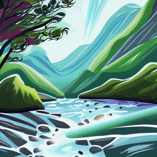 Prompt: a beautiful landscape, rivers and mountains, illustration, digital art by laura price