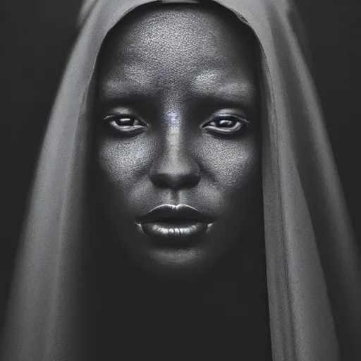 Image similar to a portrait of a young black woman wearing a long dark cloak, hood and shadows covering face, anatomically correct, beautiful perfect face, enigmatic, oil painting, matte painting, black background, Volumetric dynamic lighting, Highly Detailed, Cinematic Lighting, Unreal Engine, 8k, HD, by Beksinski