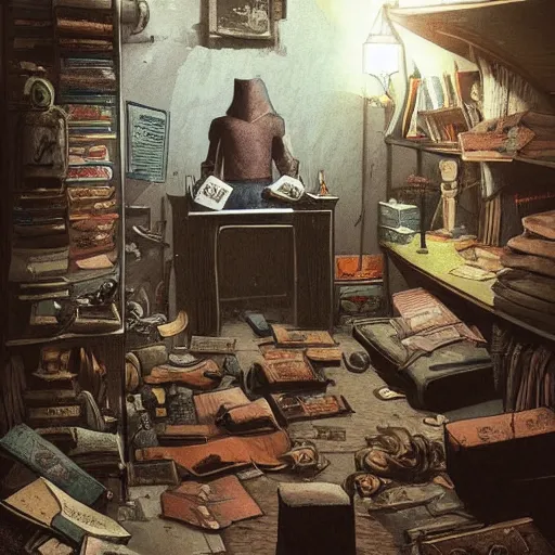Image similar to detailed room in the sewer lair The room is a clean and delicate room ,over the bed there is a sword rack ,everything is neat ,stack of comics on the floor,soft,light,bright,epic,awesome,digital art, by Simon beak and Greg rutkowski