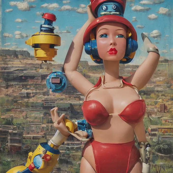 Image similar to portrait of a retro 1 9 5 0 s tin toy robot spacegirl wearing a bikini, depth of field, zeiss lens, detailed, symmetrical, centered, fashion photoshoot, by nicoletta ceccoli, mark ryden, lostfish, breathtaking, 8 k resolution, extremely detailed, beautiful, establishing shot, artistic, hyperrealistic, octane render