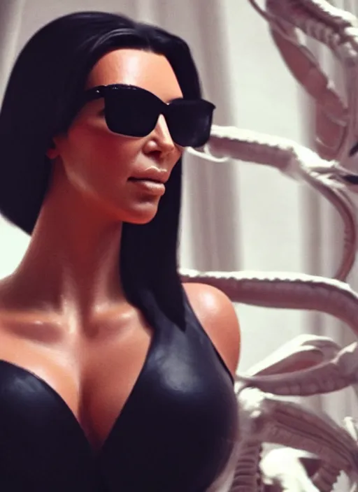 Image similar to photo still full pov of a kim kardashian with a alien facehugger over her face, cinematic full shot.