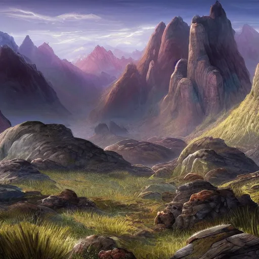 Prompt: The Sci-Fi stone landscape with mountains in the background, magical fissures split the land in half, wallpaper d&d art, fantasy, painted, 4k, high detail, sharp focus