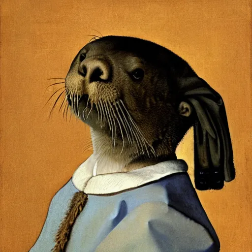 Prompt: A sea otter with a pearl earring by Johannes Vermeer