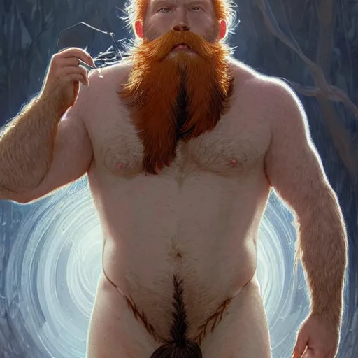 Image similar to beautiful natural middle aged bearded and very hairy male ginger god wearing only a white perizoma loincloth, intricate, elegant, highly detailed, digital painting, artstation, concept art, smooth art, sharp focus, illustration, art by artgerm and greg rutkowski and alphonse mucha and loish and WLOP