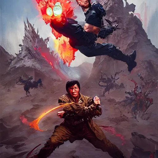 Image similar to cinematic portrait of Jackie Chan fighting the deep state by greg rutkowski and frank frazetta and peter mohrbacher and marc silvestri