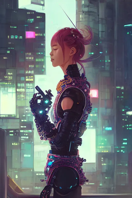 Image similar to portrait futuristic Samurai Girl, in future cyberpunk tokyo rooftop , ssci-fi, fantasy, intricate, very very beautiful, elegant, human anatomy, neon light, highly detailed, digital painting, artstation, concept art, smooth, sharp focus, illustration, art by tian zi and WLOP and alphonse mucha