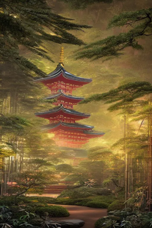 Image similar to Japanese Buddhist temple in the middle of a forest of bonsai and bamboo, powerfull, intricate, elegant, volumetric lighting, digital painting, highly detailed, artstation, sharp focus, illustration, concept art, ruan jia, steve mccurry