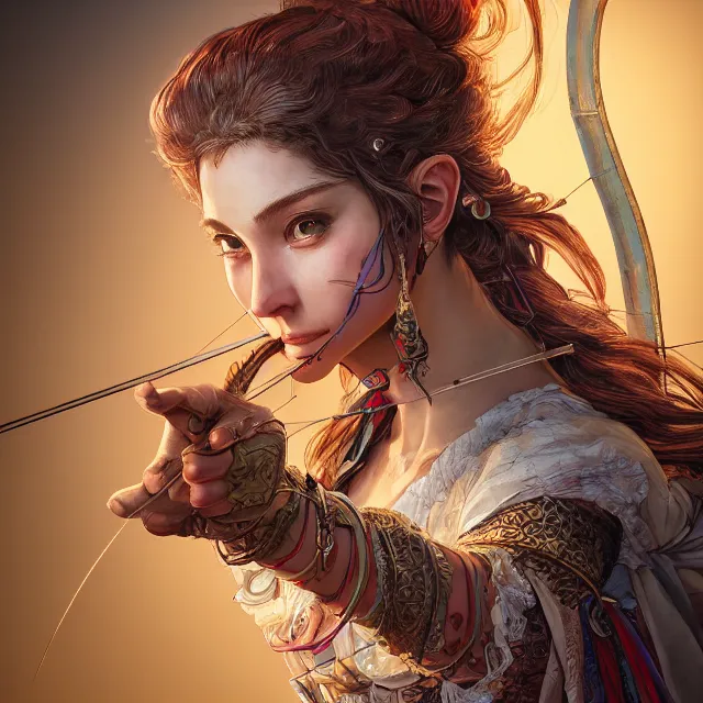 Image similar to the portrait of lawful neutral semi - colorful female archer huntress as absurdly beautiful, gorgeous, elegant, young girl, an ultrafine hyperdetailed illustration by kim jung gi, irakli nadar, intricate linework, bright colors, octopath traveler, final fantasy, unreal engine 5 highly rendered, global illumination, radiant light, detailed and intricate environment