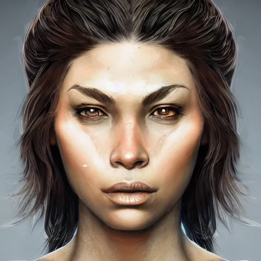 Prompt: beautiful, very strong, mixed race, female, middle aged, face, no makeup, warrior, head shot, fantasy, highly detailed, digital painting, artstation, concept art, smooth, sharp focus, illustration, art by jodie muir and brom