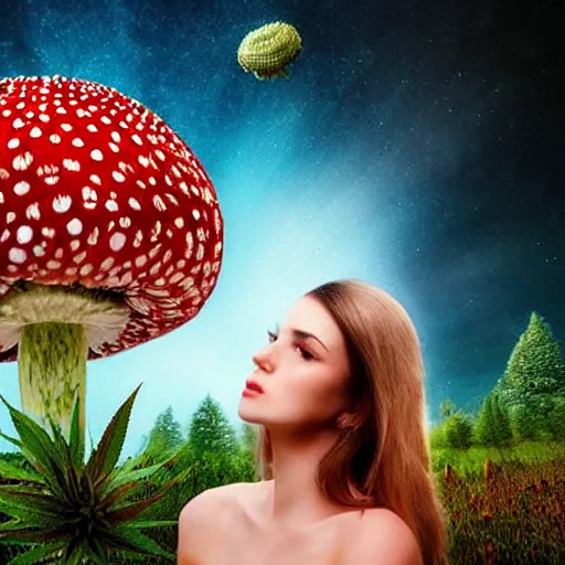 Image similar to beautiful woman smoking weed with amanita muscaria, hyperreal, ethereal, realistic, extremely detailed, space background