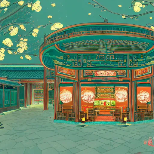 Image similar to a beautiful hyperdetailed 4 k hd wallpaper illustration interior of roasted string hotpot restaurant restaurant yan'an, from china, with merchant logo, fine delicate structure, chinese style, victo ngai, 4 k hd