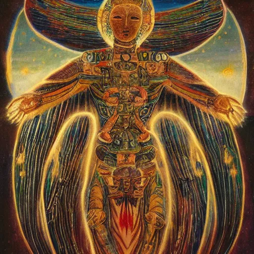 Image similar to painting of a humanoid being of pure light soaring through the firmament, surrounded by holy glyphs, detailed