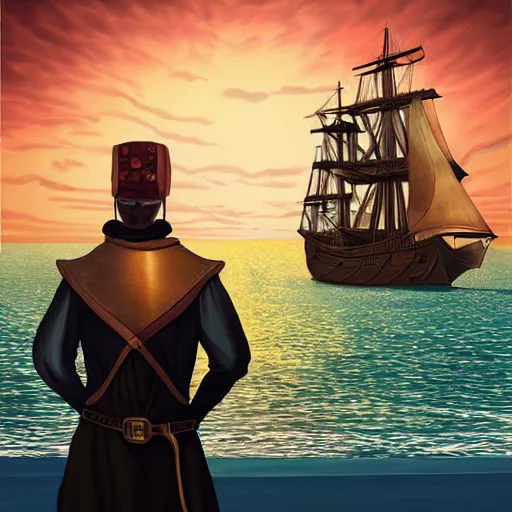 Prompt: portrait of a medieval ship pilot on a ship looking into the sunset on the sea, wearing breastplate, digital art, bokah, high fantasy art style