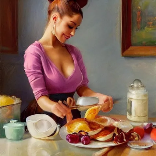 Image similar to Ariana Grande making breakfast for her husband, painting by Vladimir Volegov