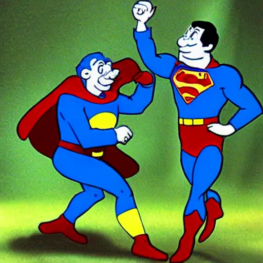 Prompt: papa smurf as a superman chasing a gargamel