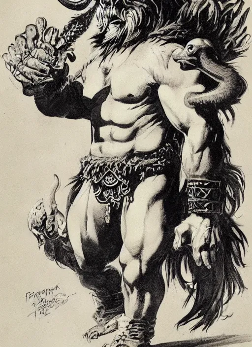 Image similar to a creature with the body and eyes of a man, with the beak of an eagle, the mane of a lion, and the horns of an ox. drawn by frank frazetta